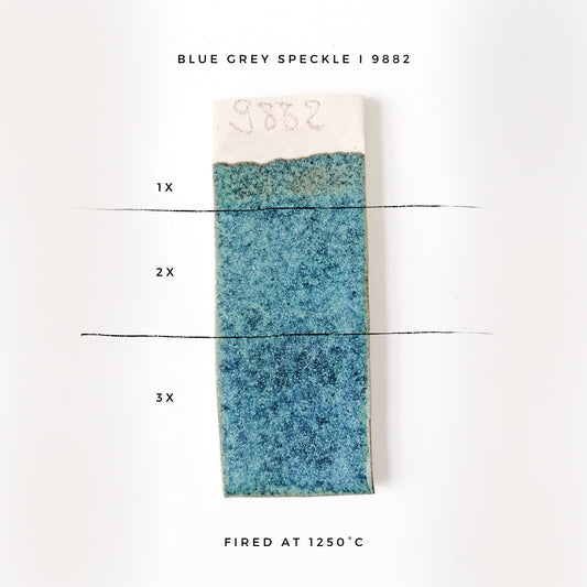 BOTZ 9882 Blue grey speckle – glasyrprov med 1, 2 och 3 lager vid 1250 °C