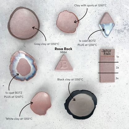 BOTZ 9864 Rose Rock – produktöversikt med exempel på olika leror och kombinationer. Följ bildens märkning.