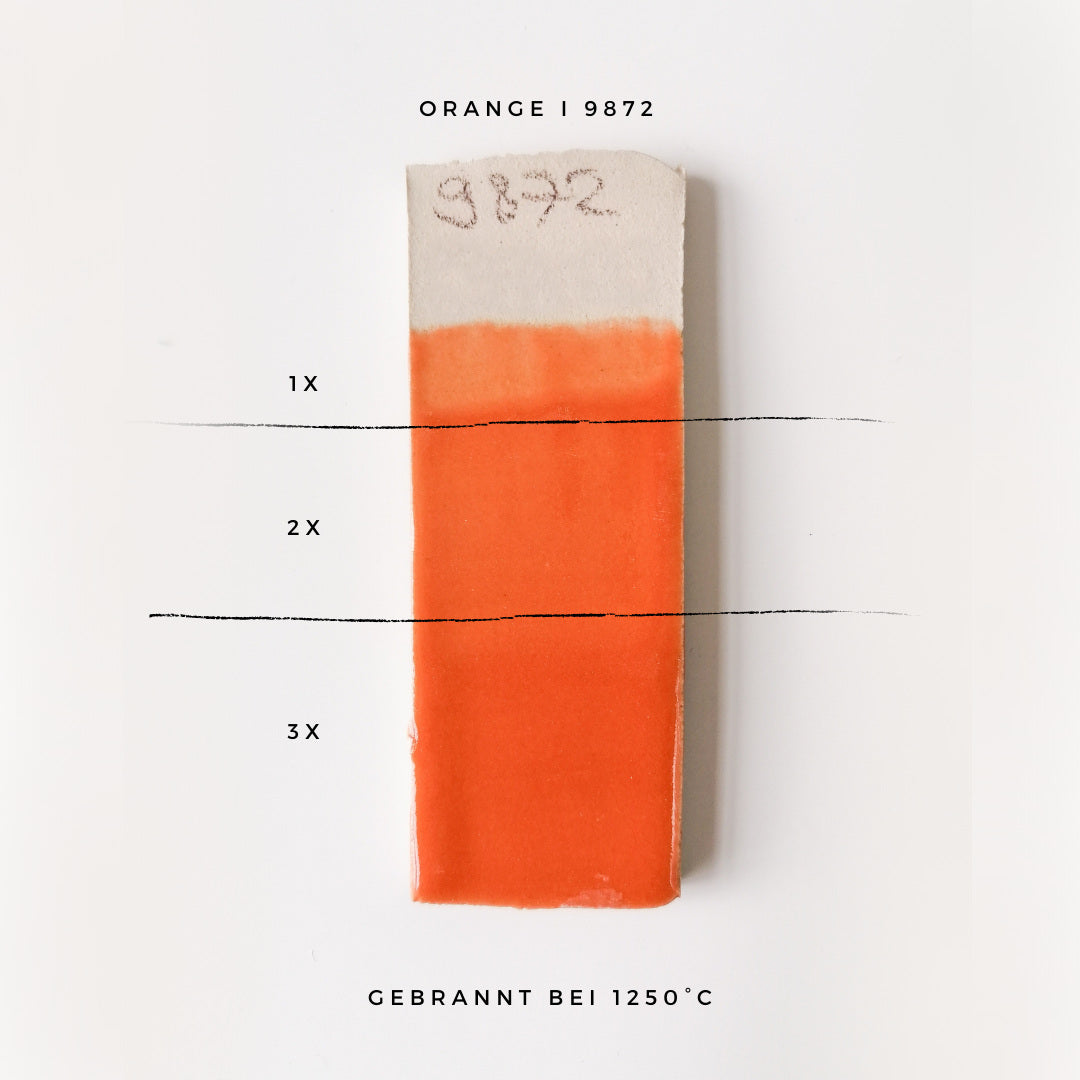 BOTZ 9872 Orange – glasyrprov med 1, 2 och 3 lager vid 1250 °C