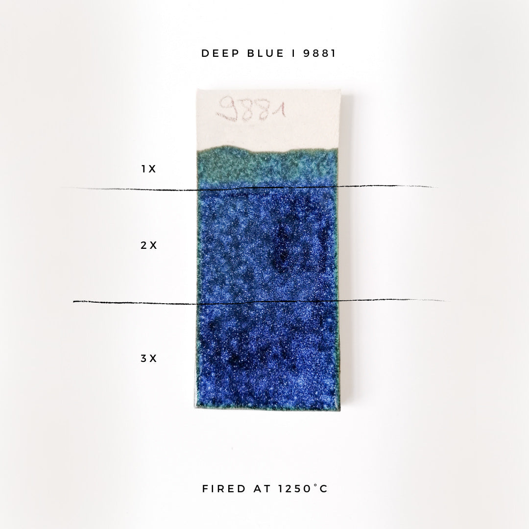 BOTZ 9881 Deep Blue – glasyrprov med 1, 2 och 3 lager vid 1250 °C