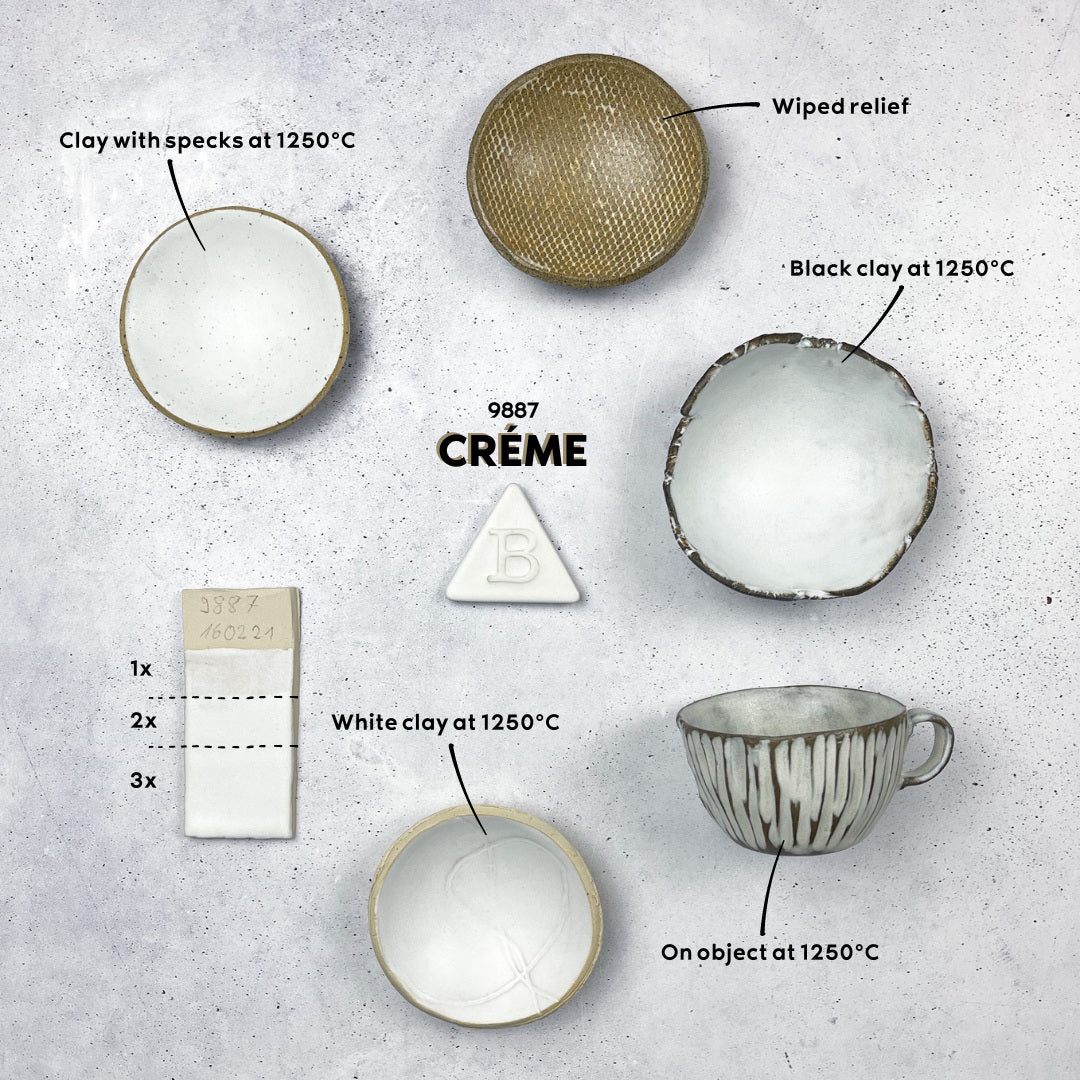BOTZ 9887 Creme – produktöversikt med exempel på olika leror och kombinationer. Följ bildens märkning.