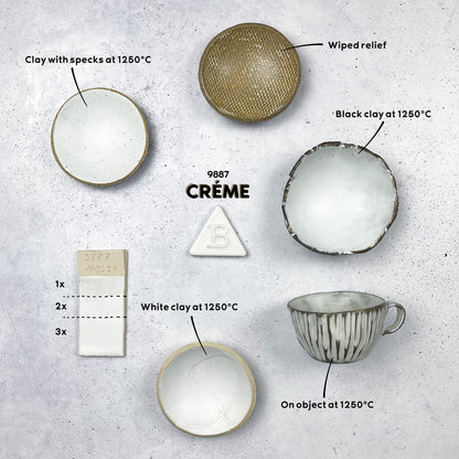 BOTZ 9887 Creme – produktöversikt med exempel på olika leror och kombinationer. Följ bildens märkning.