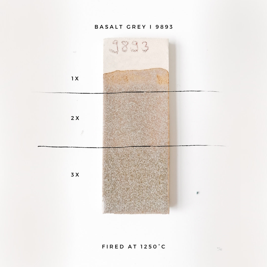 BOTZ 9893 Basalt granite – glasyrprov med 1, 2 och 3 lager vid 1250 °C