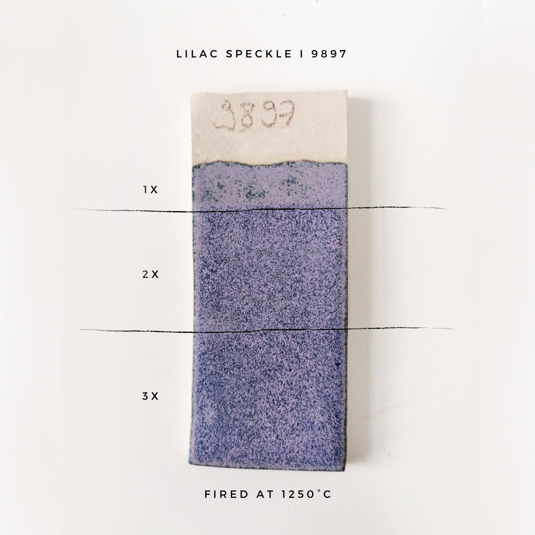 BOTZ 9897 Lilac speckle – glasyrprov med 1, 2 och 3 lager vid 1250 °C