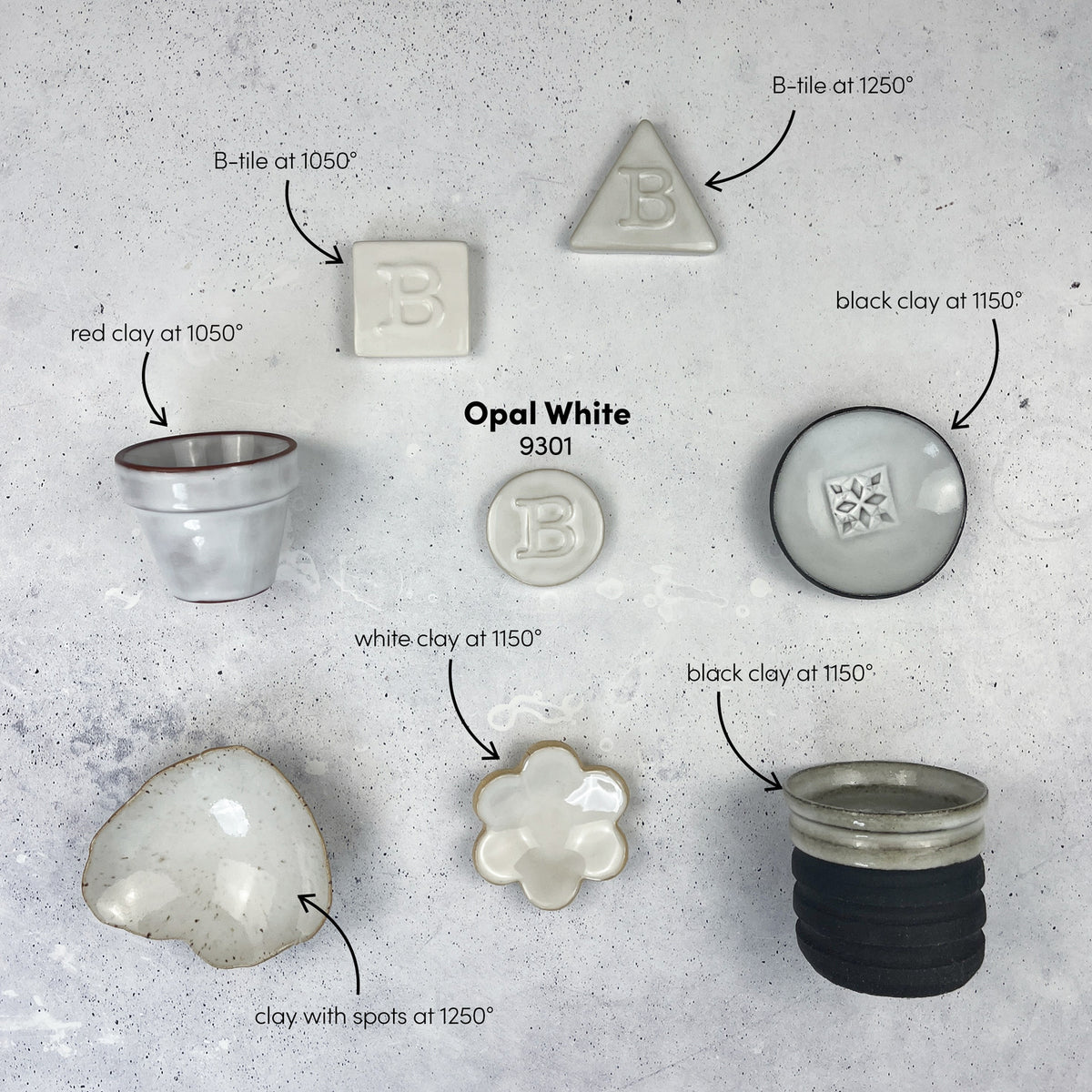 BOTZ:s jämförelsebild för 9301 Opal White på olika leror och vid olika temperaturer. Lera och temperatur anges i bilden.