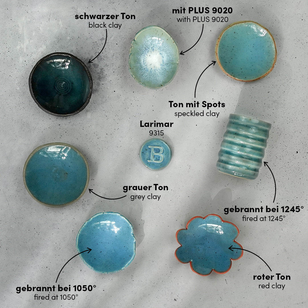 BOTZ 9315 Larimar PRO. BOTZ:s jämförelse av 9315 på olika leror och vid olika temperaturer. Underlag, eventuella kombinationer och temperaturer anges i bilden.