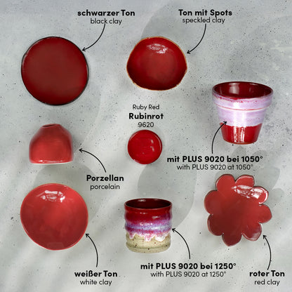 BOTZ 9620 Ruby Red PRO. BOTZ:s jämförelse av 9620 på olika leror och vid olika temperaturer. Underlag, eventuella kombinationer och temperaturer anges i bilden.