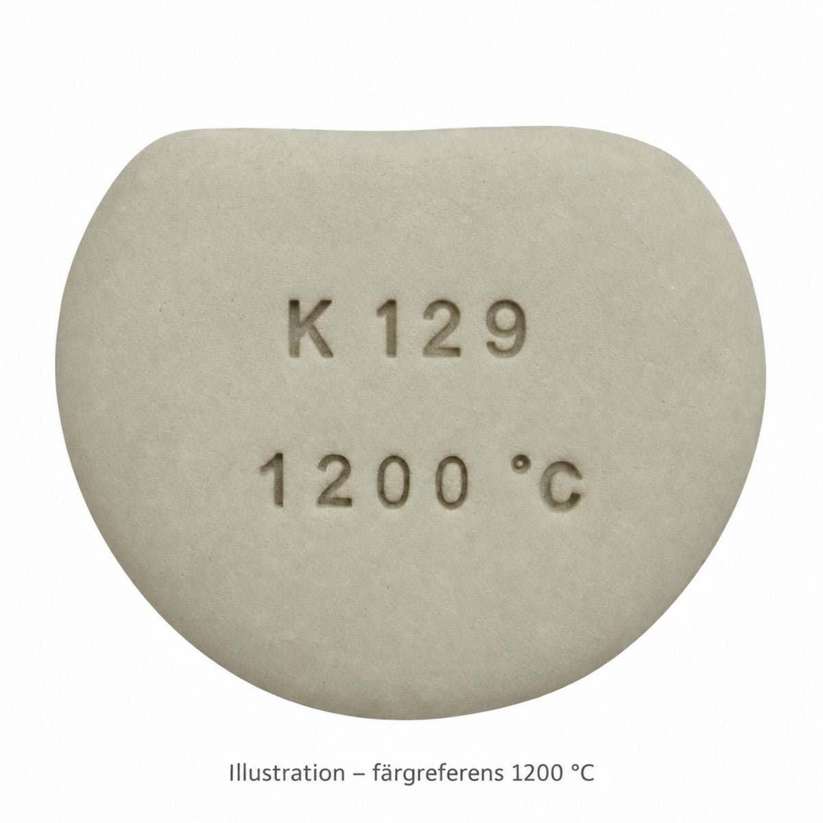 Illustrerad rund provplatta – Sibelco K129, färgreferens från leverantörens prov vid 1200 °C. Ej fotograferat brännprov.