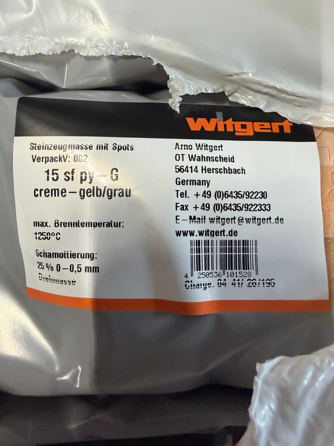 Förpackningsetikett för Witgert 15 SF PY-G: 25 % chamotte, 0–0,5 mm, maximal bränntemperatur 1250 °C.